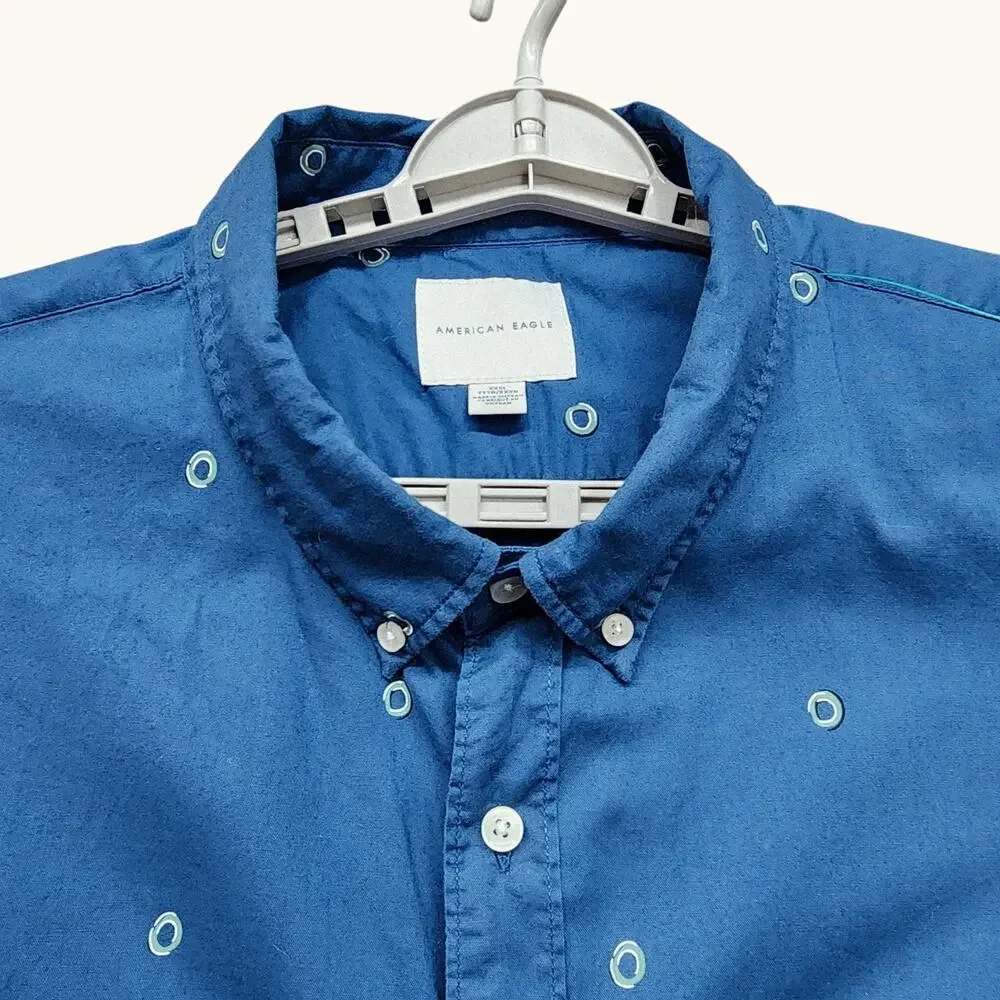 American Eagle Mens XXXL Button Down Shirt Blue Circle Print Short Sleeve Cotton - Picture 2 of 9